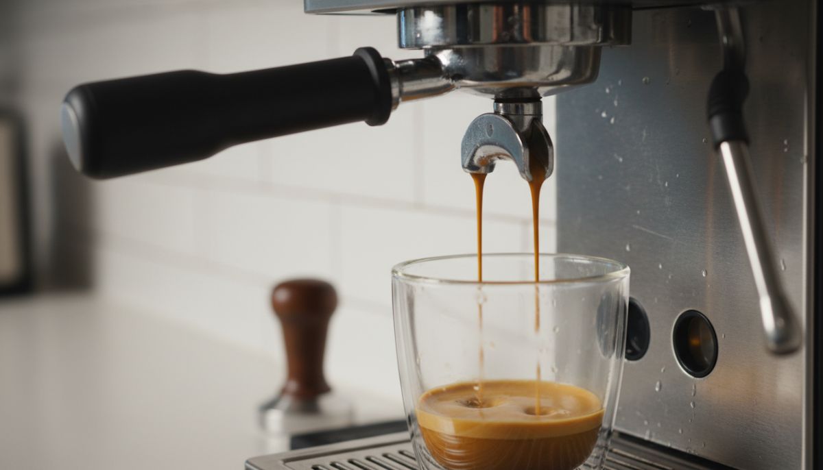 Close-up of a bottomless portafilter extracting rich espresso with tiger striping into a glass cup