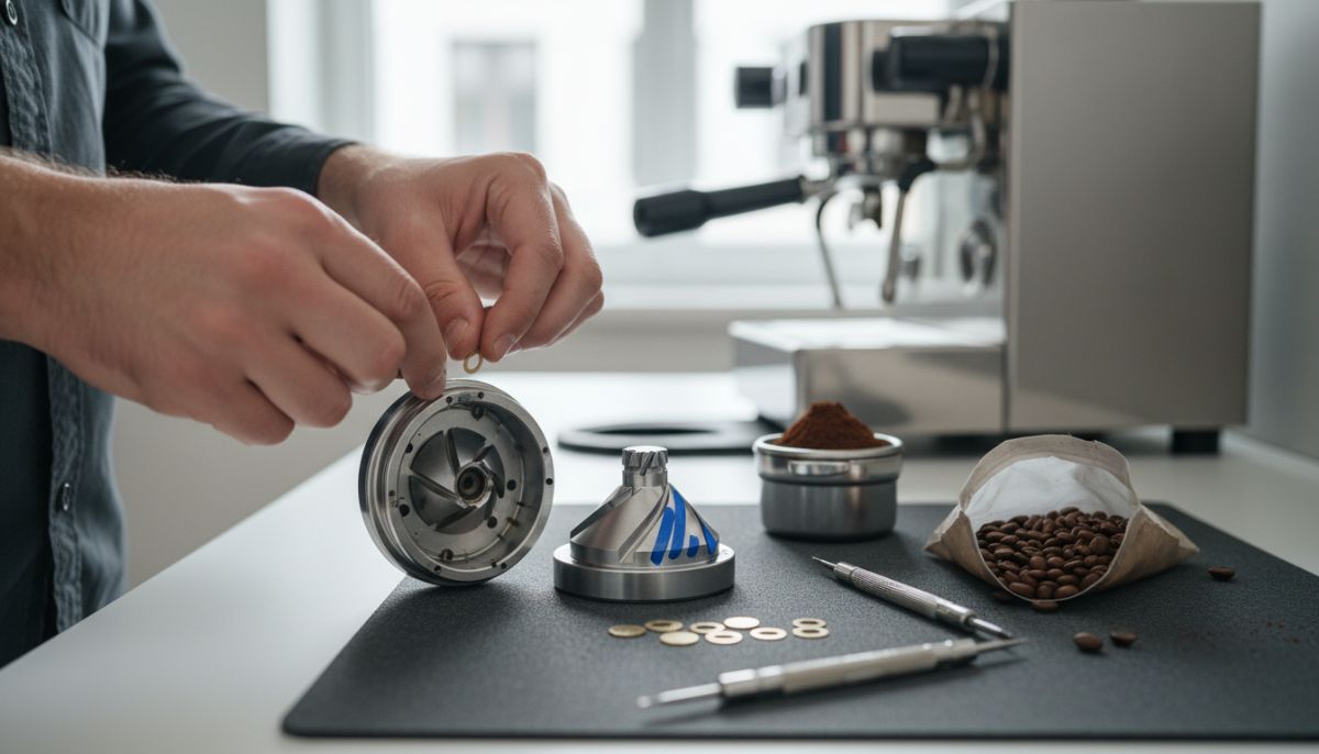 Close-up of a flat coffee grinder burr with a dry-erase marker pattern on the edge being inspected for alignment.