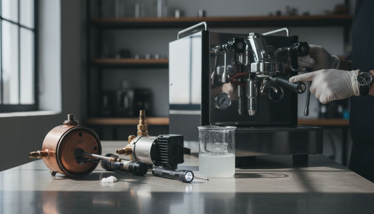 Close up of hands inspecting the grouphead of a disassembled stainless steel espresso machine with a wrench