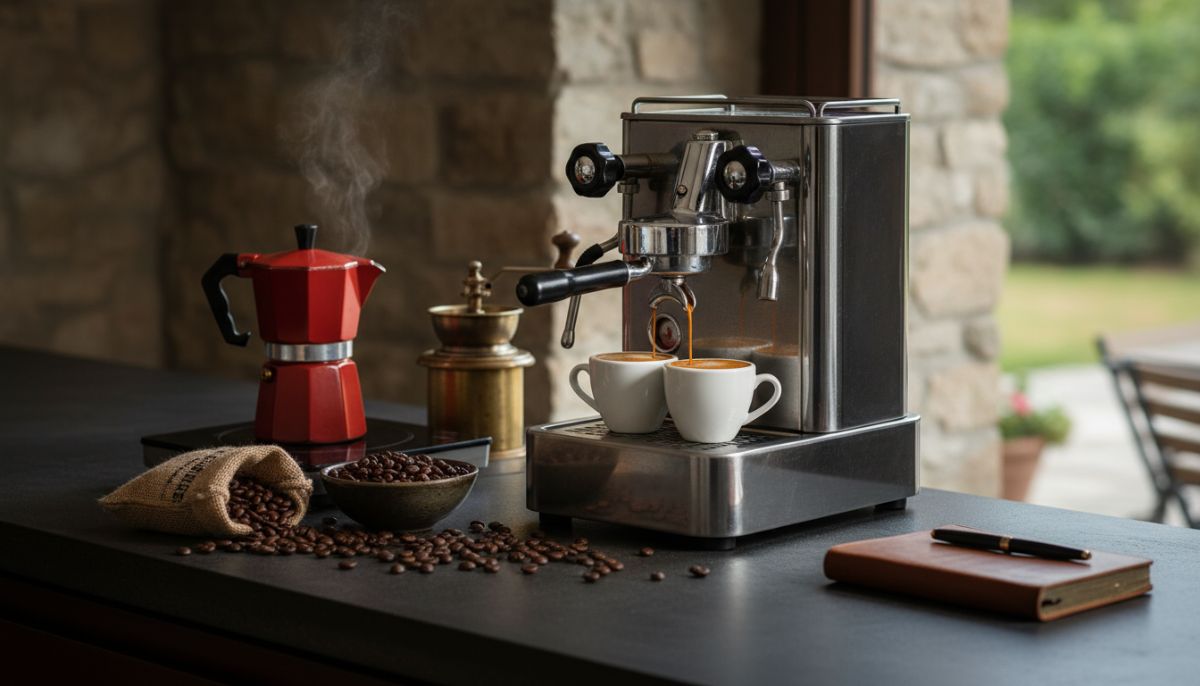 Close up of a traditional Italian espresso shot with thick tiger-striped crema in a white cup