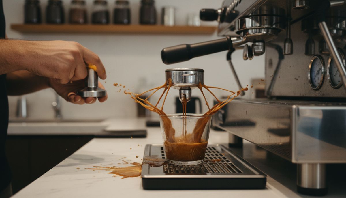 Close-up of a bottomless portafilter showing espresso channeling with a small jet of coffee spraying sideways