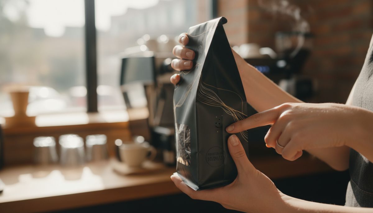 Close up of a barista holding a coffee bag pointing to a stamped roast date on the label