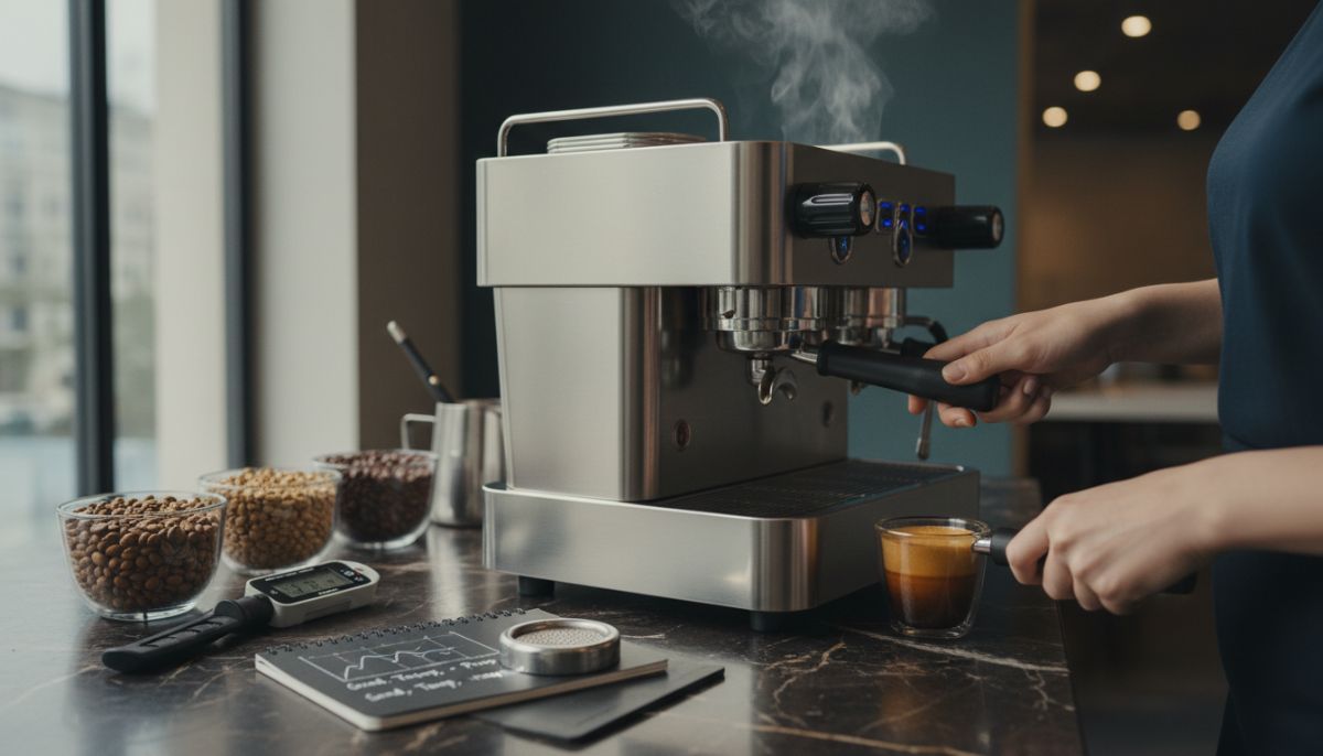 Barista dialing in a shot of decaf espresso using a bottomless portafilter and WDT tool.