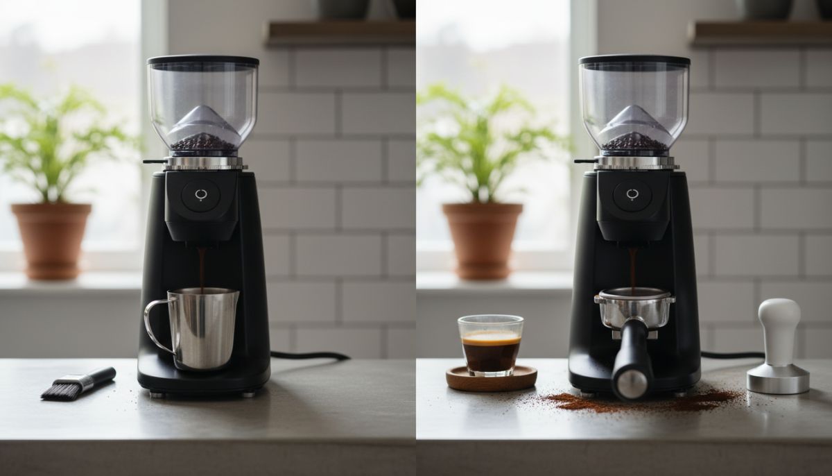 Stainless steel dosing cup filled with coffee grounds next to a portafilter on a clean wooden espresso station