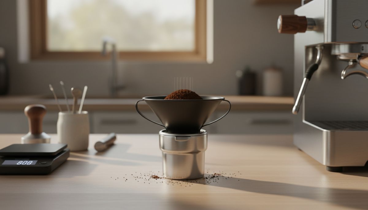 Stainless steel magnetic dosing funnel attached to a portafilter filled with fresh espresso grounds on a wooden countertop.