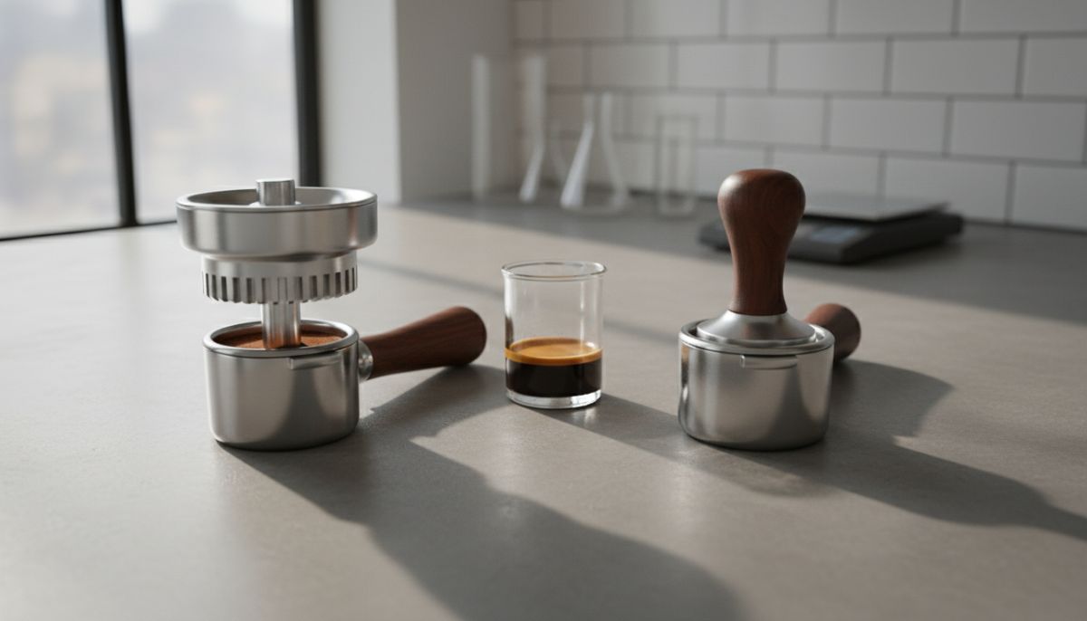 Barista holding a black metal espresso distributor tool next to a stainless steel tamper on a wooden coffee bar