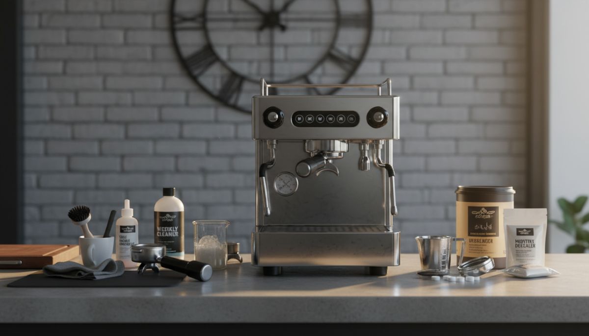 Barista cleaning the group head of an espresso machine with a dedicated brush