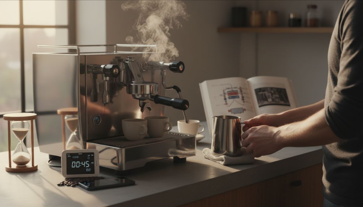 Close up of an espresso machine portafilter locked into a grouphead with steam rising, indicating it is hot and ready to brew.