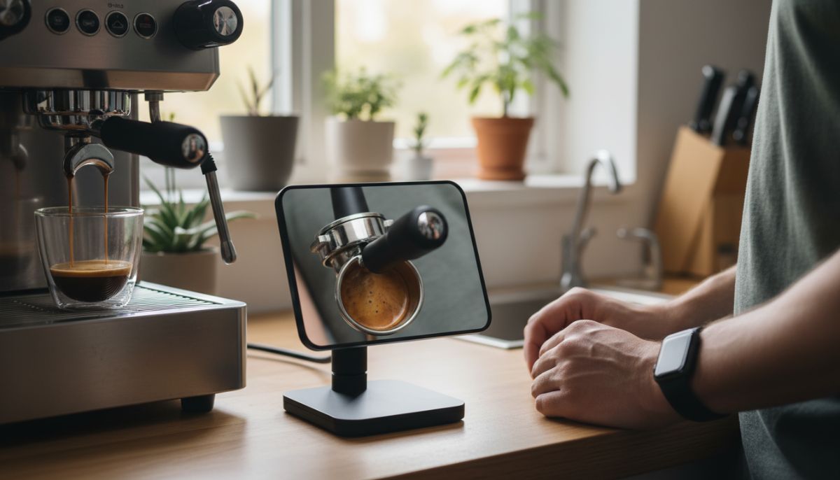 Close-up of an espresso shot mirror sitting on a drip tray reflecting a golden brown espresso extraction from a bottomless portafilter.