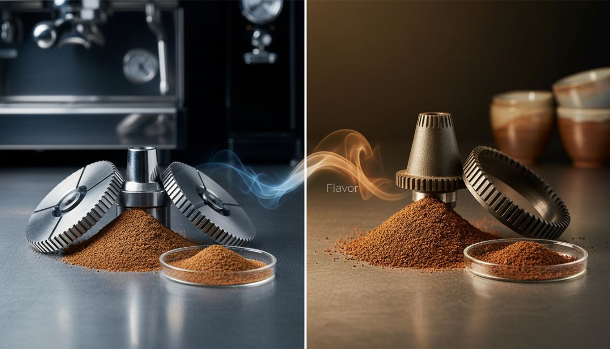 Close up comparison of stainless steel flat and conical grinder burrs on a dark surface