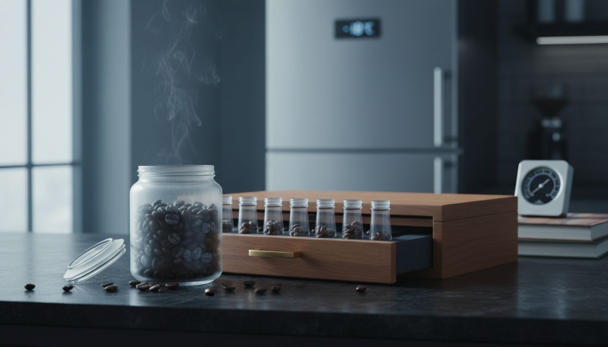 A set of glass single-dose coffee bean tubes arranged in a rack next to an espresso machine portafilter.