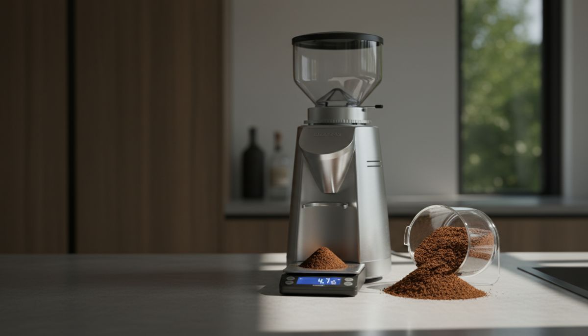 Close up of coffee grounds being retained in a grinder chute next to a portafilter