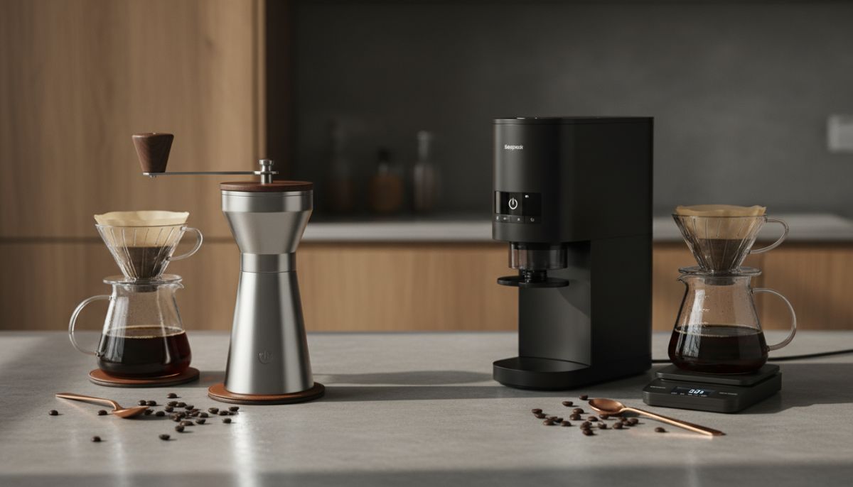 A side-by-side comparison of a sleek stainless steel manual coffee grinder and a modern electric grinder on a wooden countertop.