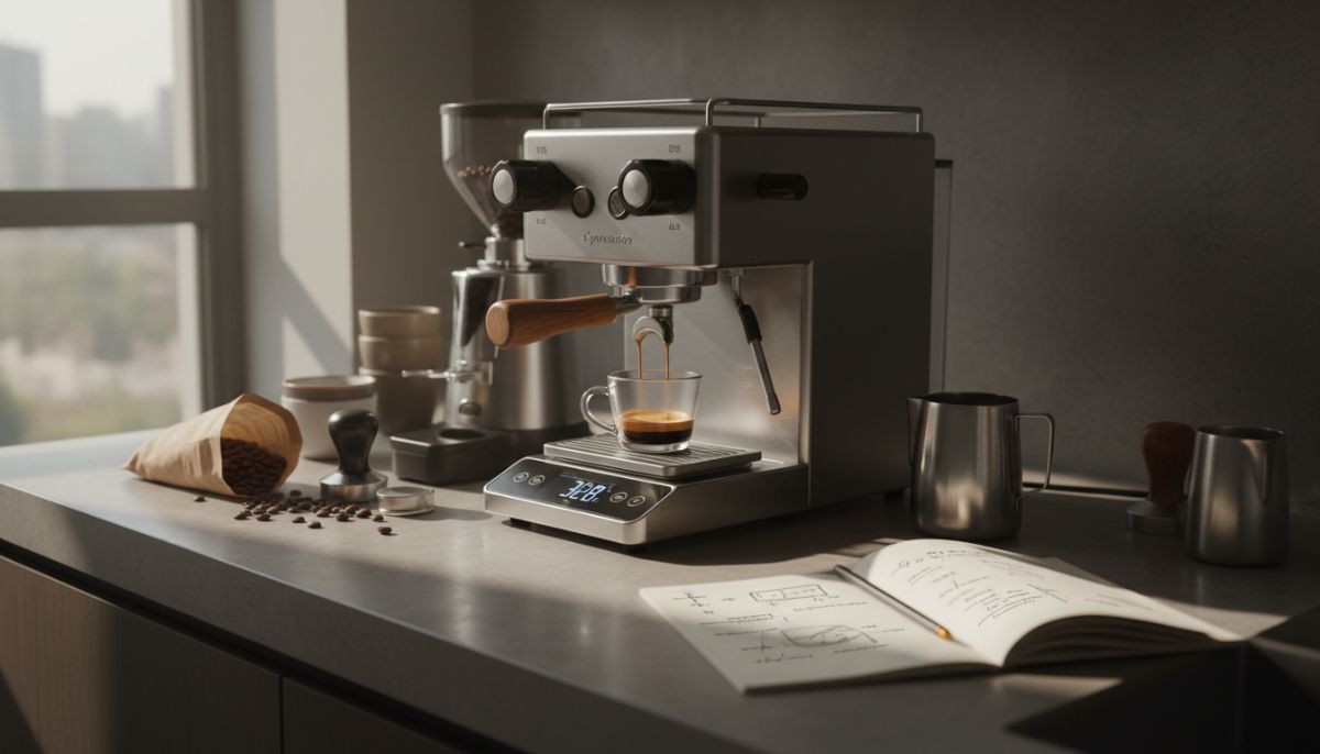 Close-up of espresso extracting from a portafilter into a clear glass on a digital scale, showing rich golden crema.
