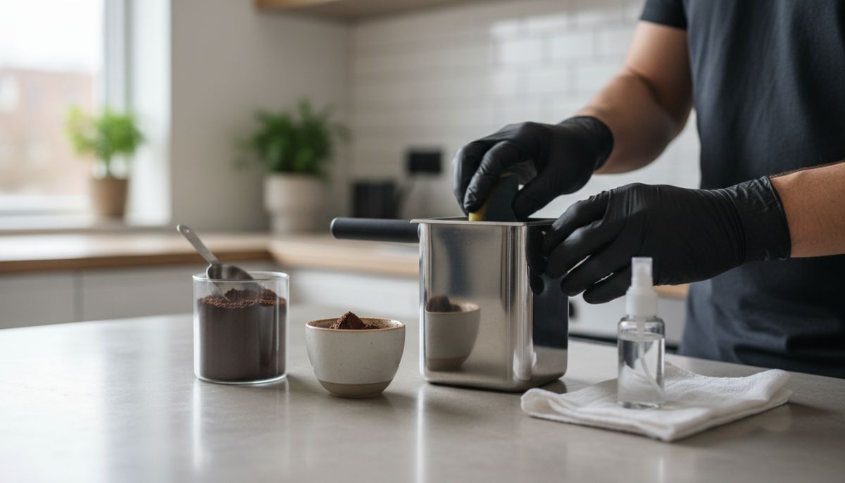Barista knocking a spent espresso puck from a portafilter into a clean stainless steel knock box next to an espresso machine.