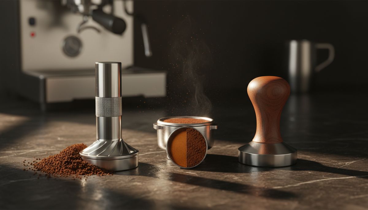 Split view of a stainless steel espresso tamper and a spinning coffee distributor tool on a wooden counter