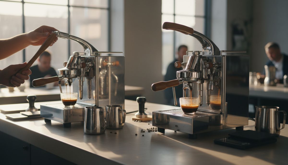 Barista pulling a shot on a chrome manual lever espresso machine with a bottomless portafilter revealing thick crema