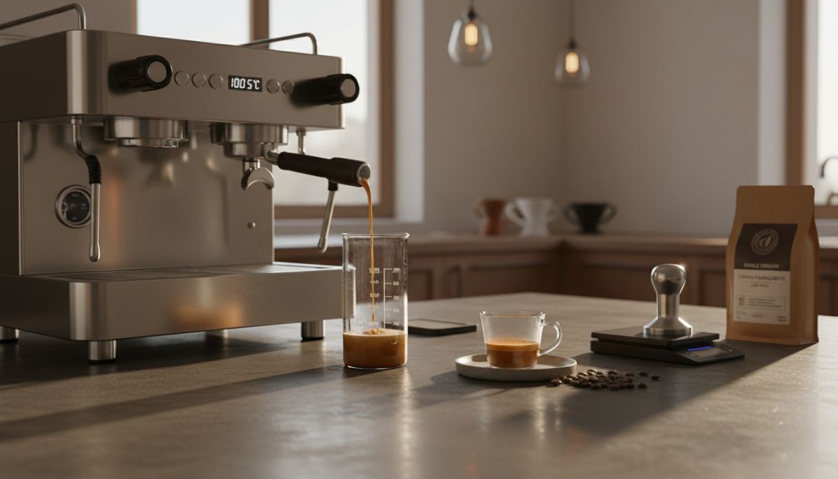 Close-up of a light roast espresso shot being pulled into a clear glass, showing golden tiger striping and thin crema.