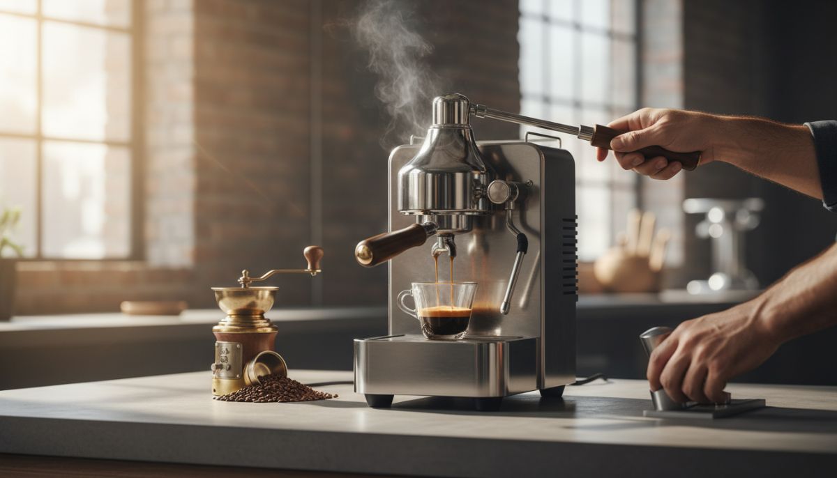 Barista pulling a shot on a chrome manual spring lever espresso machine with a bottomless portafilter.