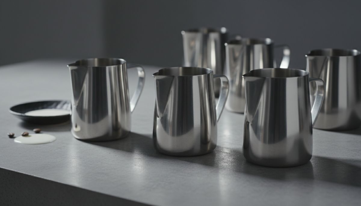 Stainless steel milk pitchers with sharp and round spouts sitting on a wooden coffee bar next to a latte