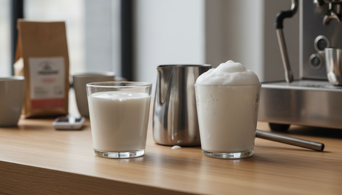 Barista steaming milk in a stainless steel pitcher creating a vortex of glossy microfoam.