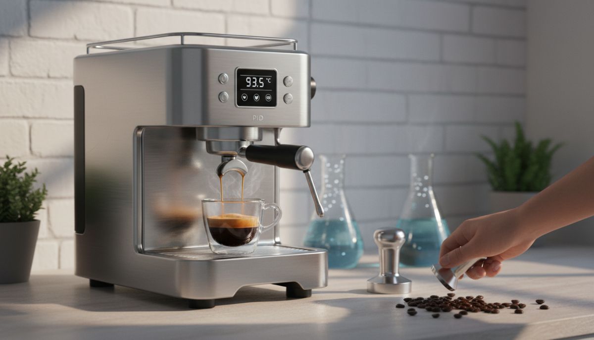 Close up of a digital PID temperature display showing 93 degrees Celsius on a stainless steel espresso machine.