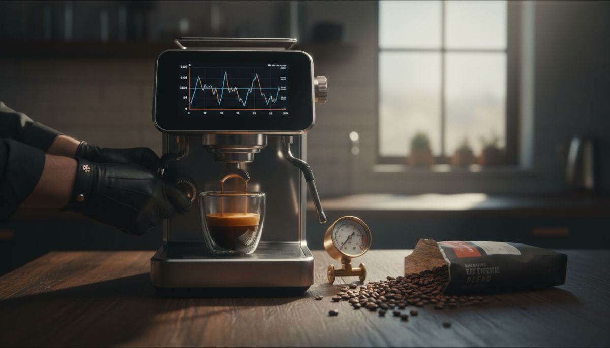 Barista adjusting the flow control paddle on a high-end chrome espresso machine while watching the pressure gauge during extraction