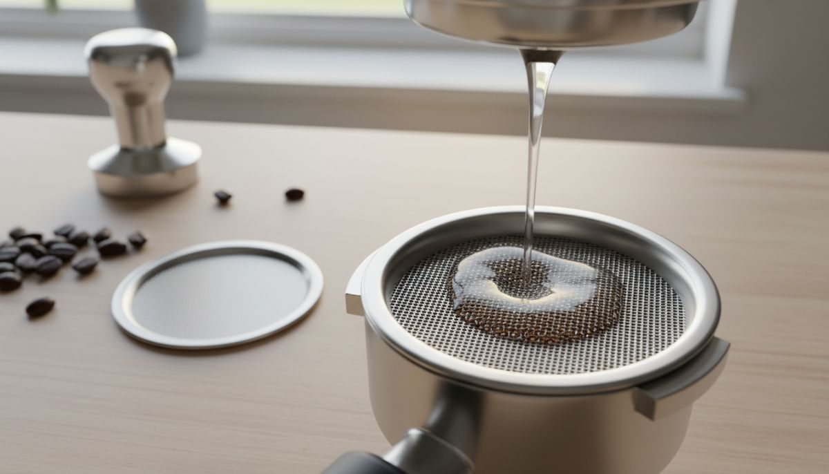 Stainless steel mesh puck screen resting on a portafilter filled with coffee grounds