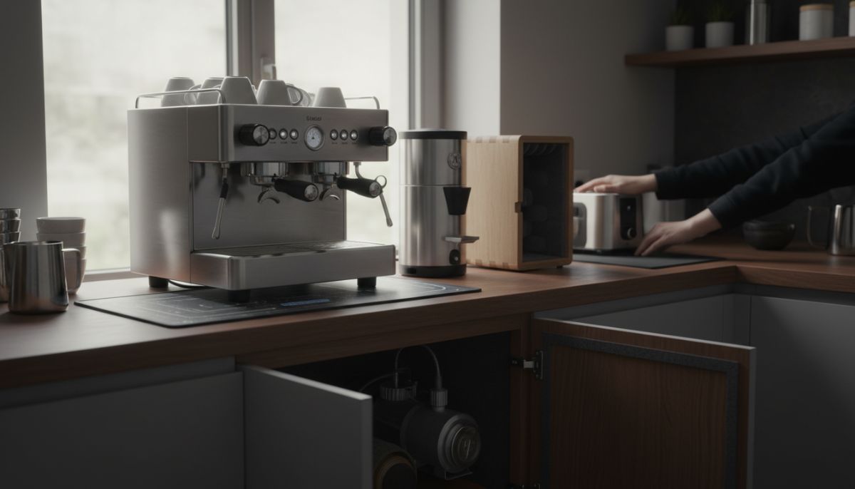 Barista adjusting a quiet espresso machine on a wooden counter with sound dampening mat