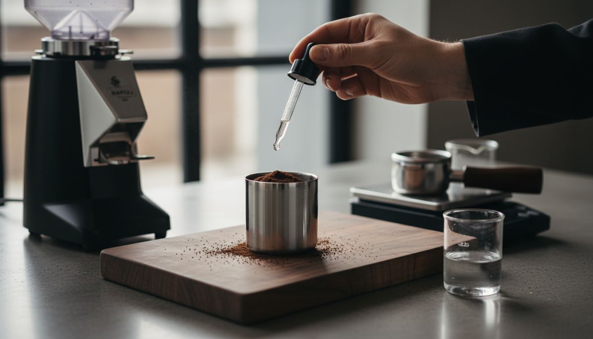 Barista spraying a fine mist of water onto coffee beans in a dosing cup to prevent static