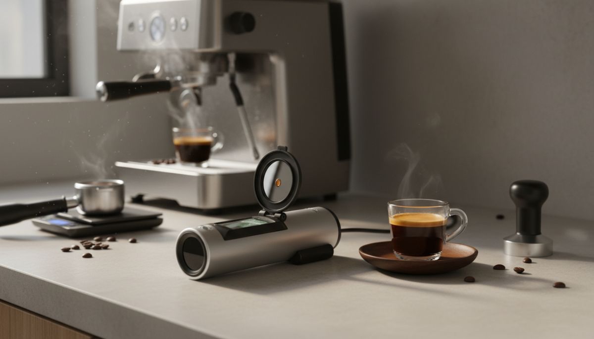 Digital coffee refractometer measuring an espresso sample next to a pipette and ceramic cup on a wooden counter.