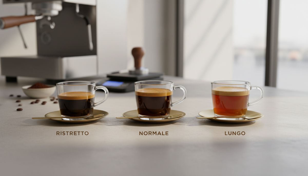 Three glass espresso cups lined up on a wooden counter showing different fill levels for ristretto, normale, and lungo shots.
