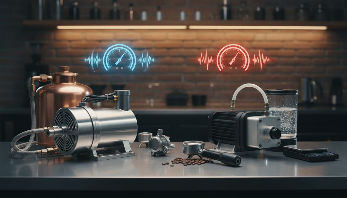 Split view comparison of a large brass rotary espresso pump versus a small red vibratory pump on a workbench