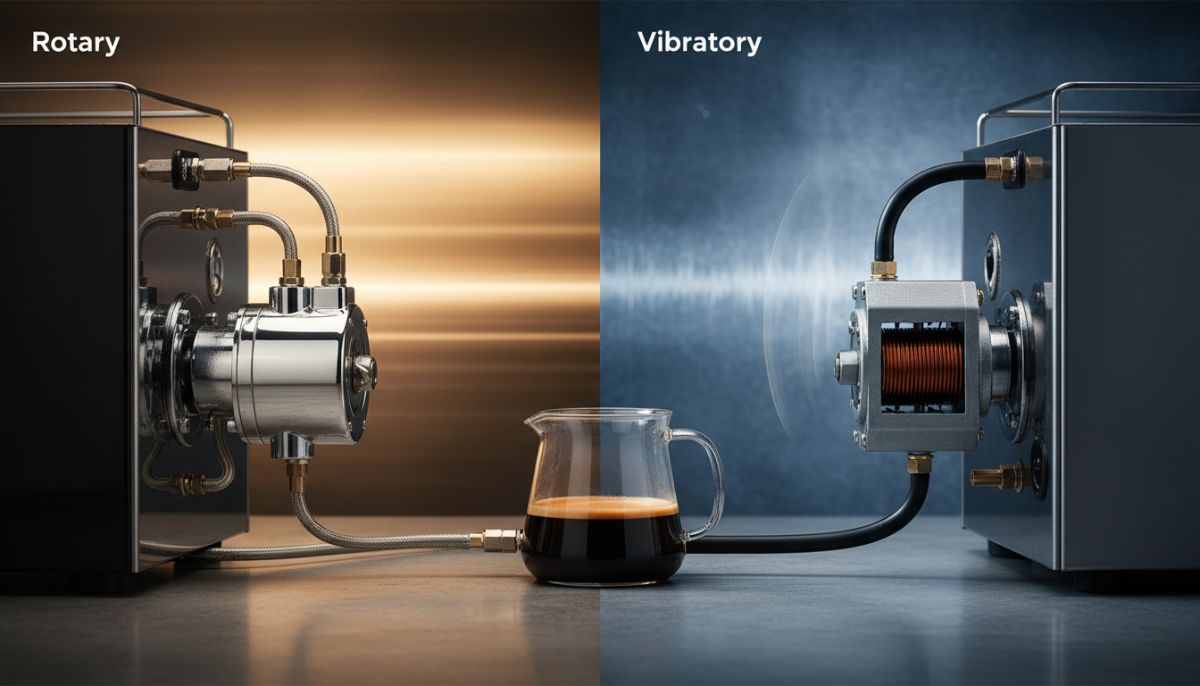 Interior view of an espresso machine comparing a large brass rotary pump head against a smaller red vibratory pump.