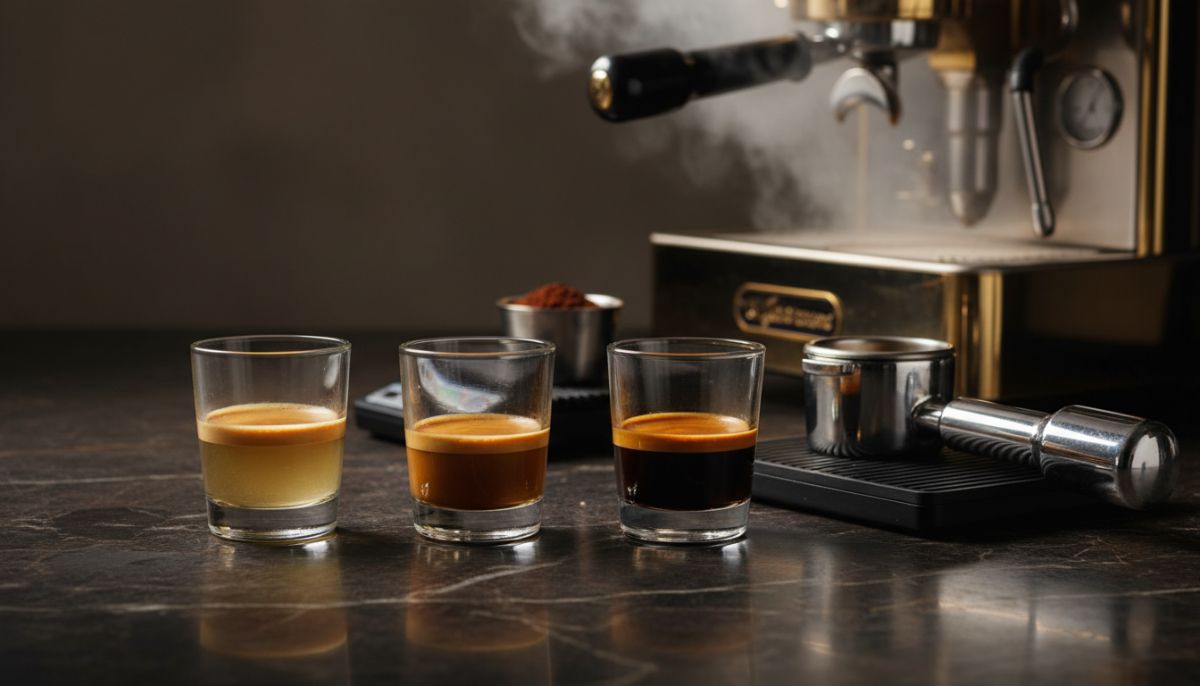 Three small glass espresso cups lined up containing coffee of fading darkness from dark brown to pale yellow