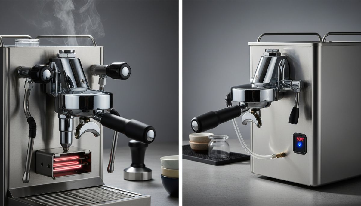 Cutaway comparison diagram showing the internal water path of an E61 thermosyphon versus a welded saturated grouphead.