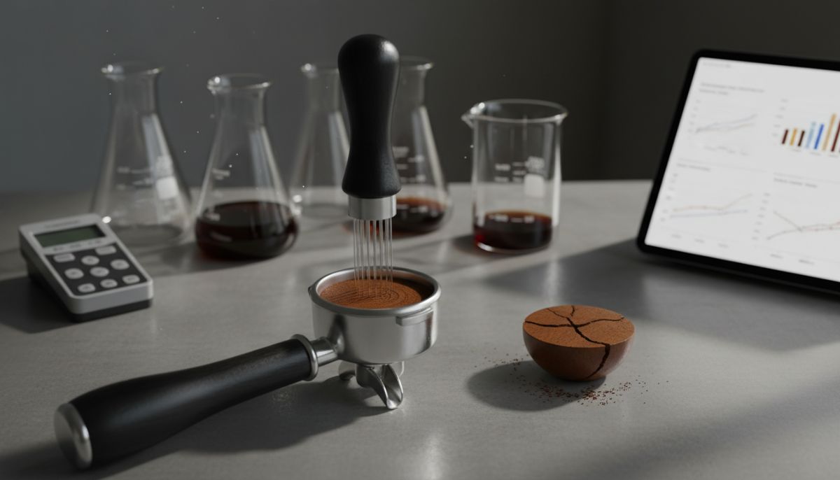 Barista using a WDT needle tool to stir espresso grounds in a portafilter to break up clumps.