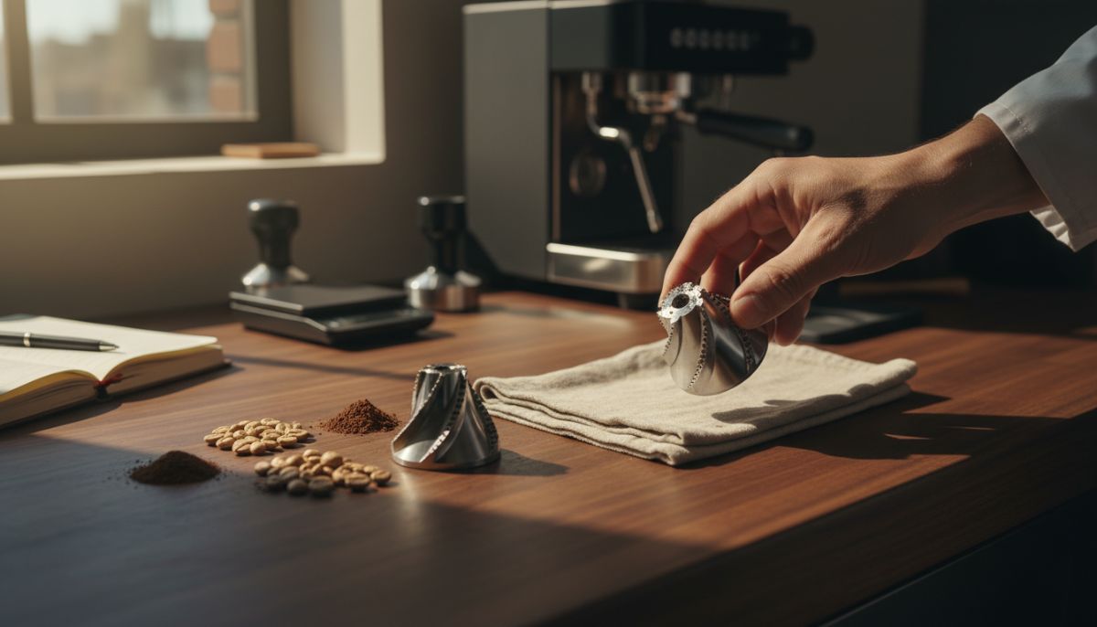 Close up macro shot of stainless steel flat coffee grinder burrs with coffee beans