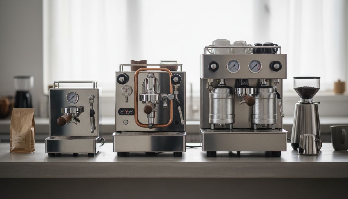 Diagram comparing internal mechanics of single boiler, heat exchanger, and dual boiler espresso machines.