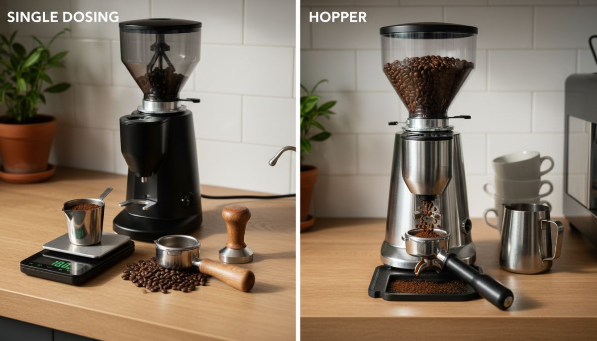 Split image showing a sleek single dose bellows grinder on the left versus a traditional hopper grinder filled with beans on the right
