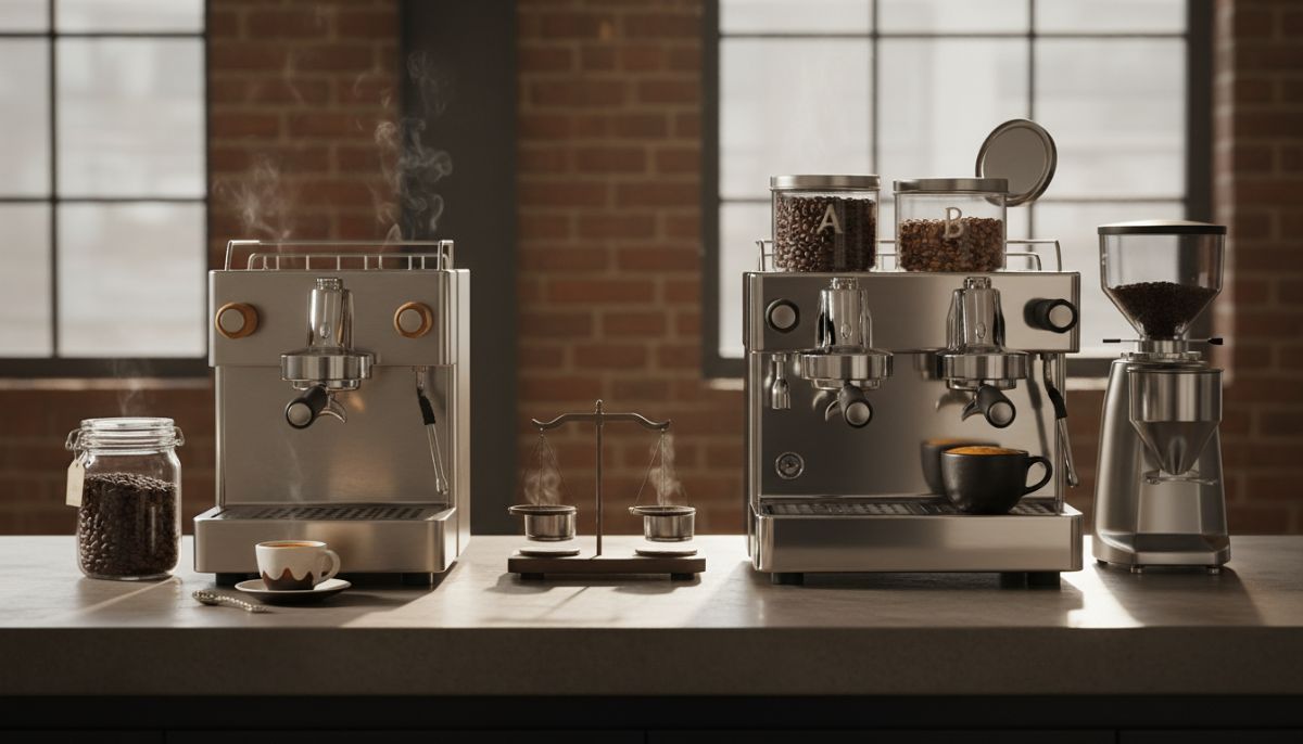 Side by side comparison of a portafilter with single origin coffee beans versus an espresso blend