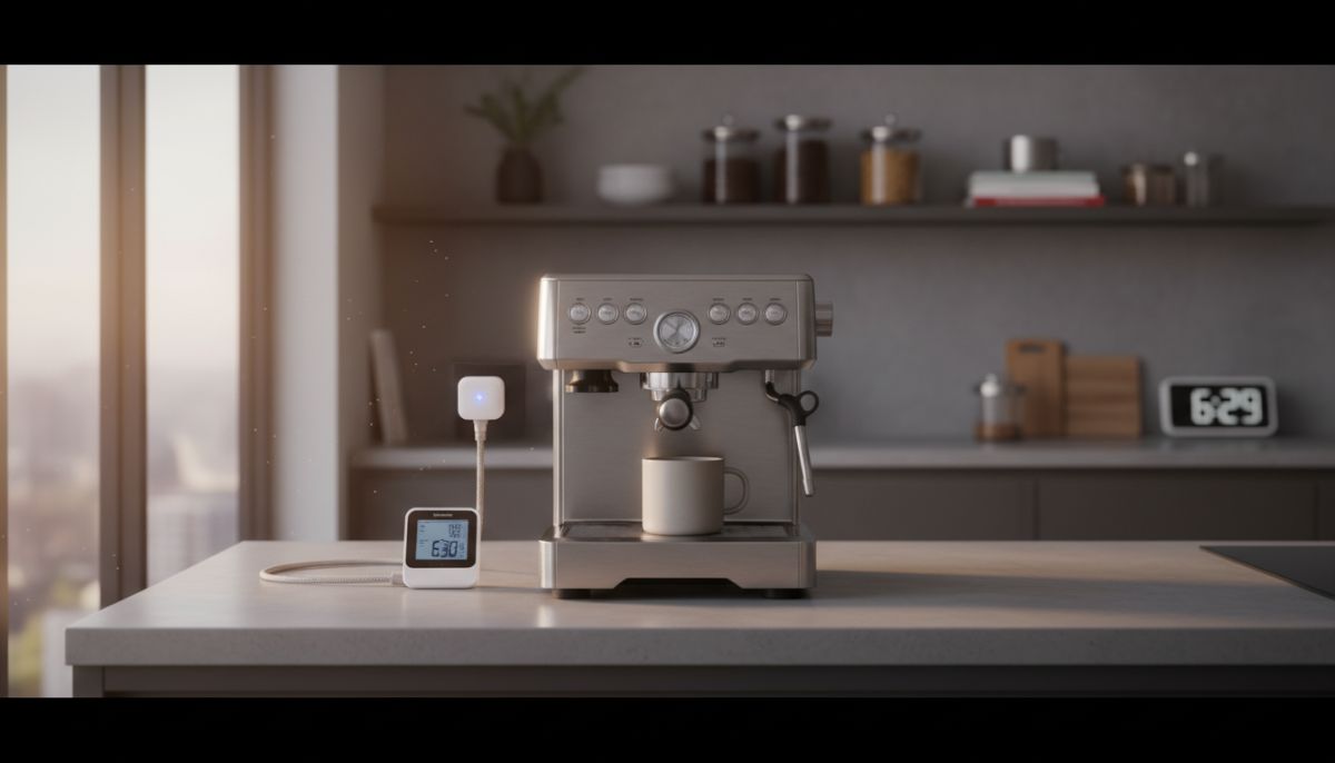 Smartphone displaying a smart home app scheduling an espresso machine to turn on alongside a latte