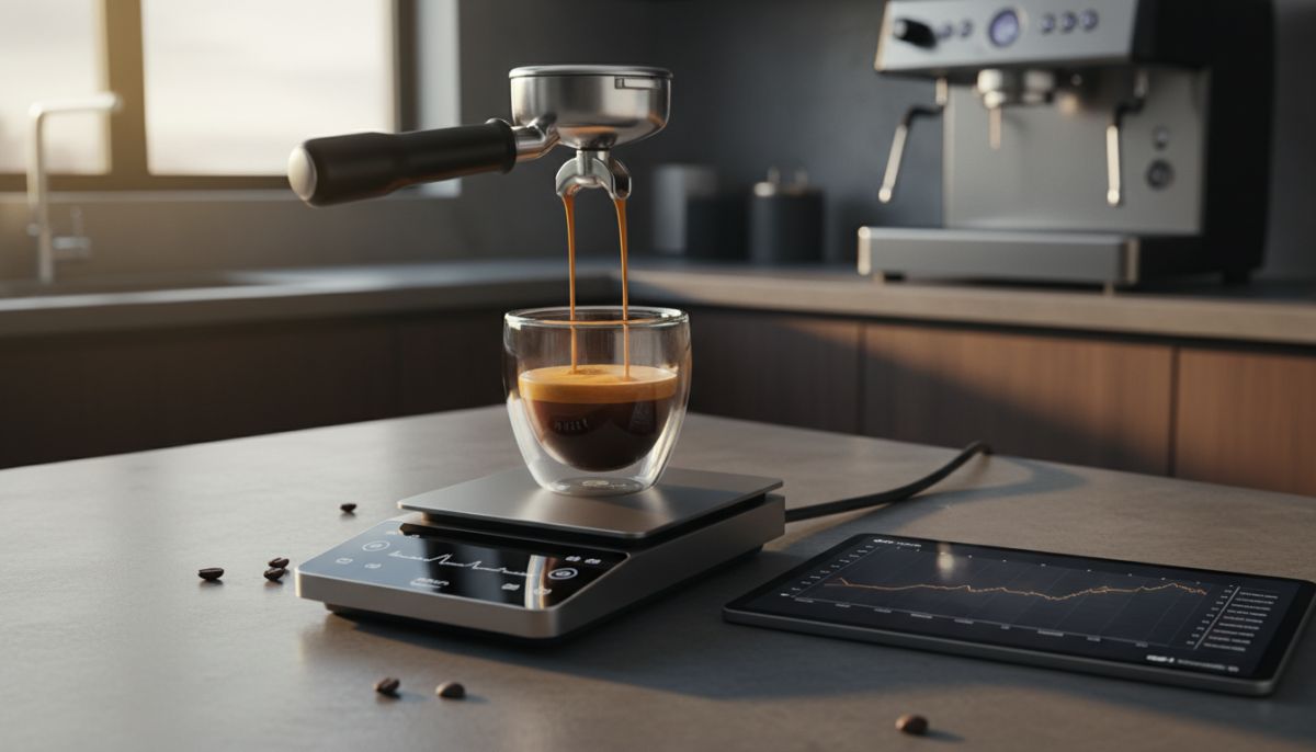 Digital smart espresso scale displaying a real-time flow rate graph with an espresso cup on top