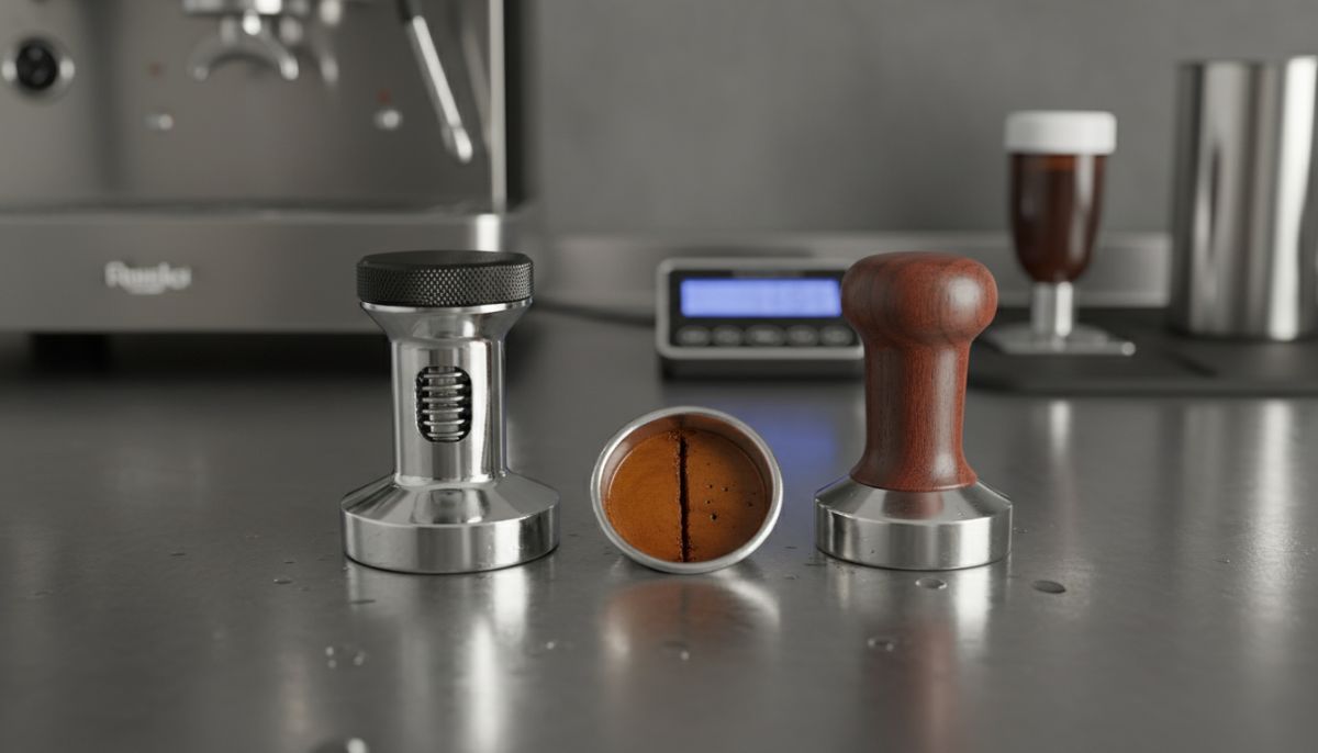 Barista using a calibrated black spring-loaded tamper on a stainless steel portafilter