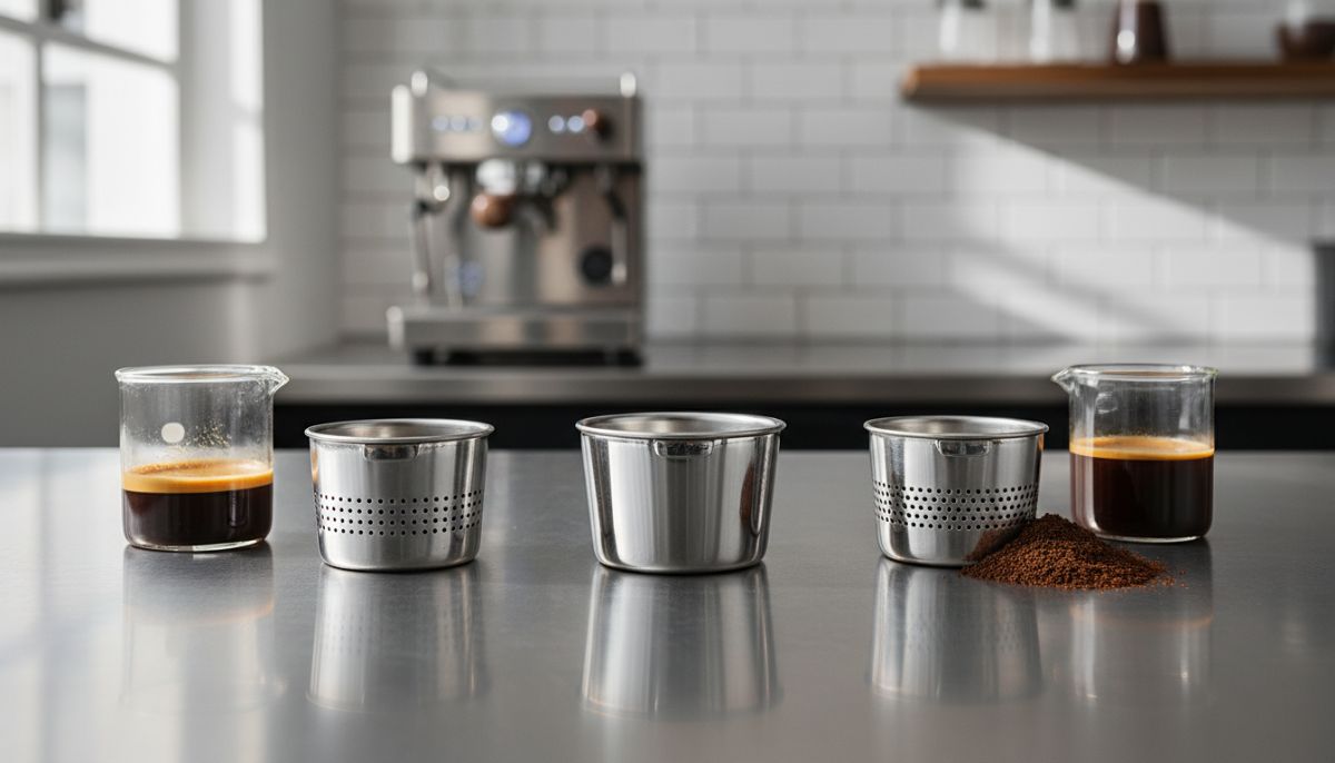 Close up macro shot of VST precision basket holes showing uniform patterns compared to irregular stock espresso basket holes