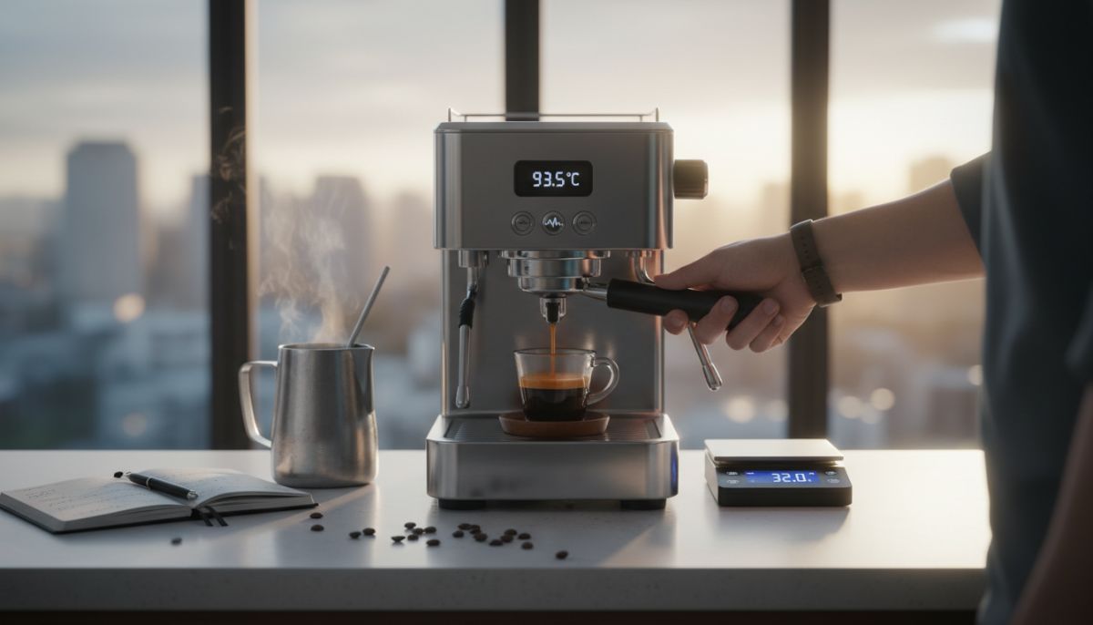 Barista carefully timing an espresso shot on a single boiler machine to illustrate temperature surfing technique