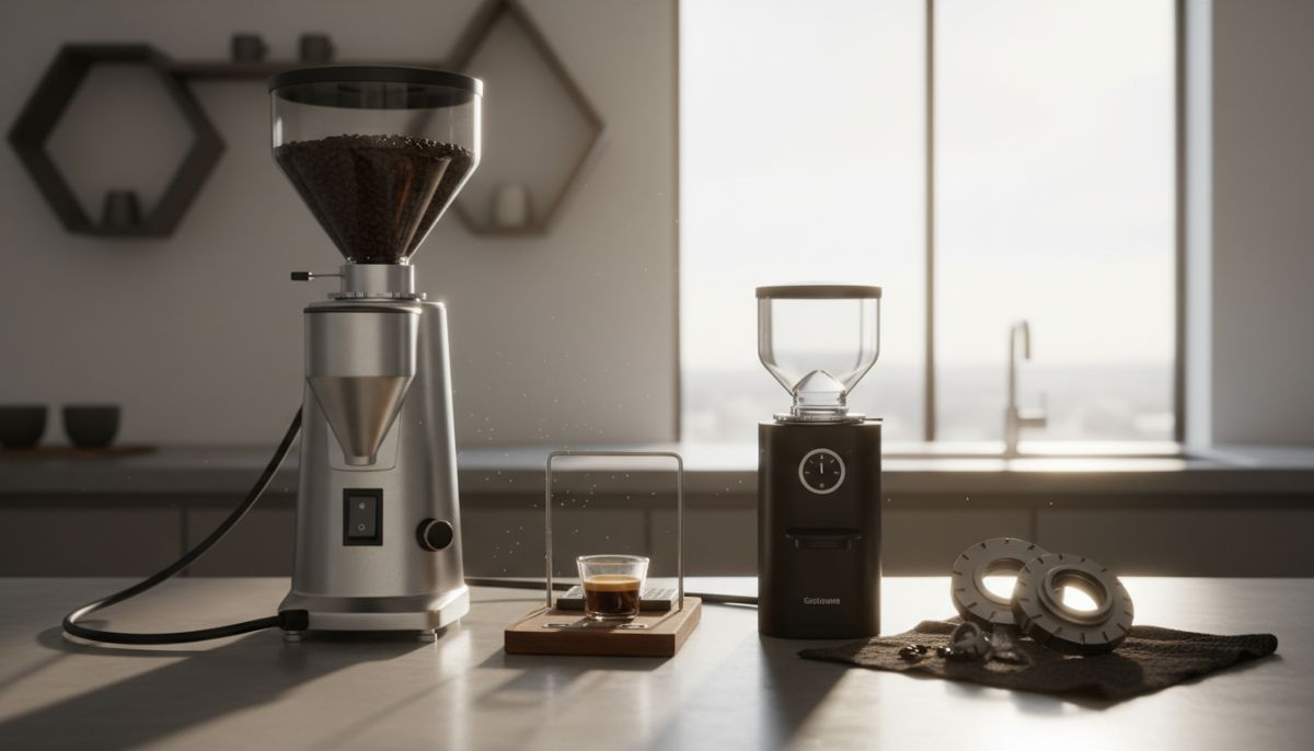 Close-up comparison of a massive 98mm flat burr next to a standard 54mm conical burr
