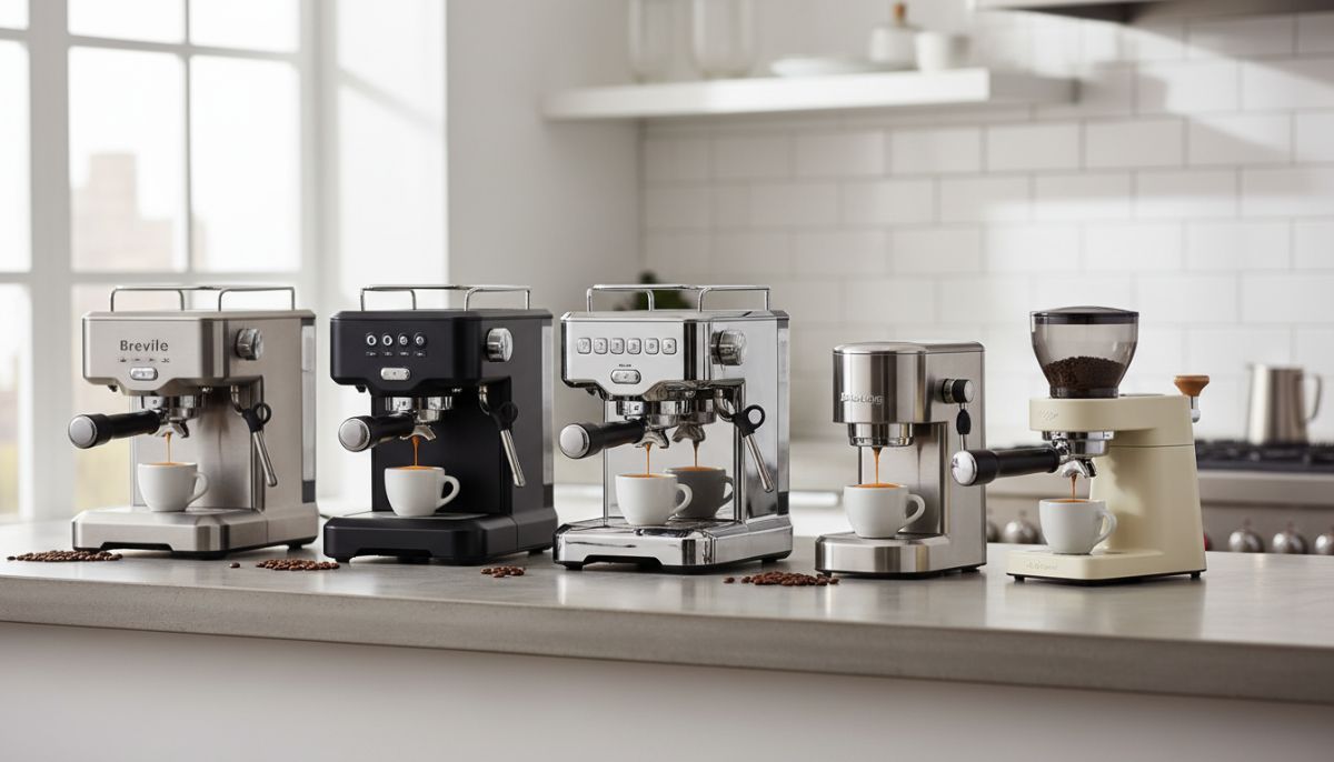 A lineup of entry-level espresso machines including Breville Bambino and Gaggia Classic on a wooden countertop with coffee beans and a portafilter.