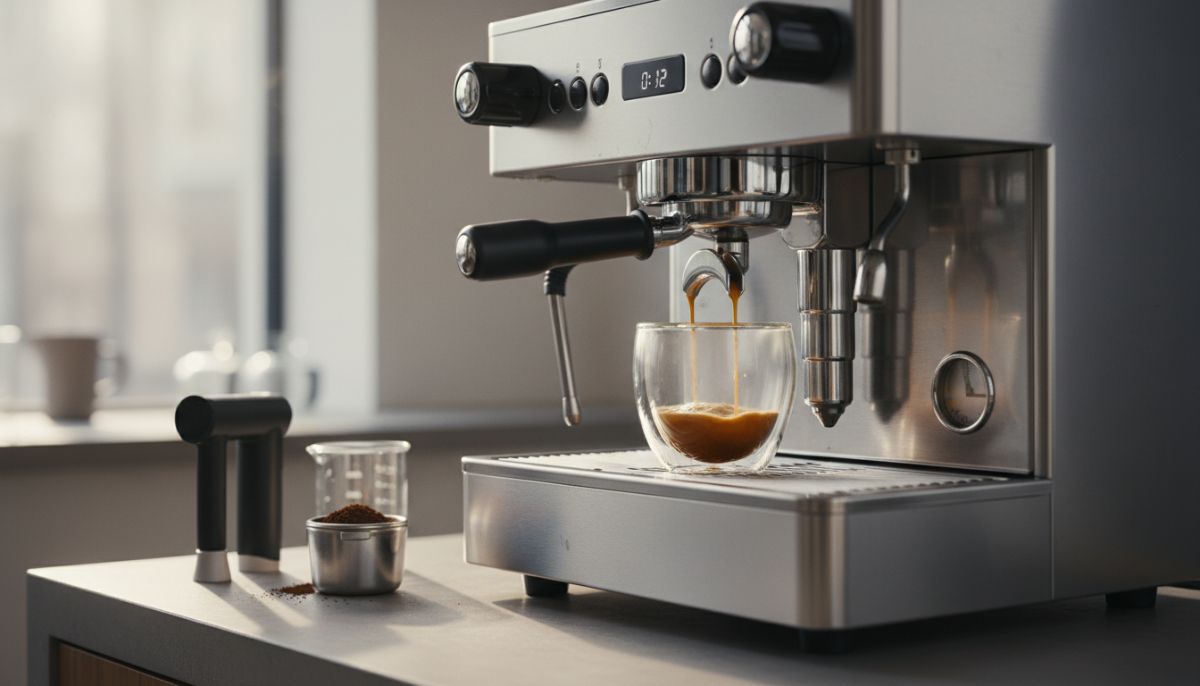 Close up of a bottomless portafilter pulling a fast espresso turbo shot with even flow