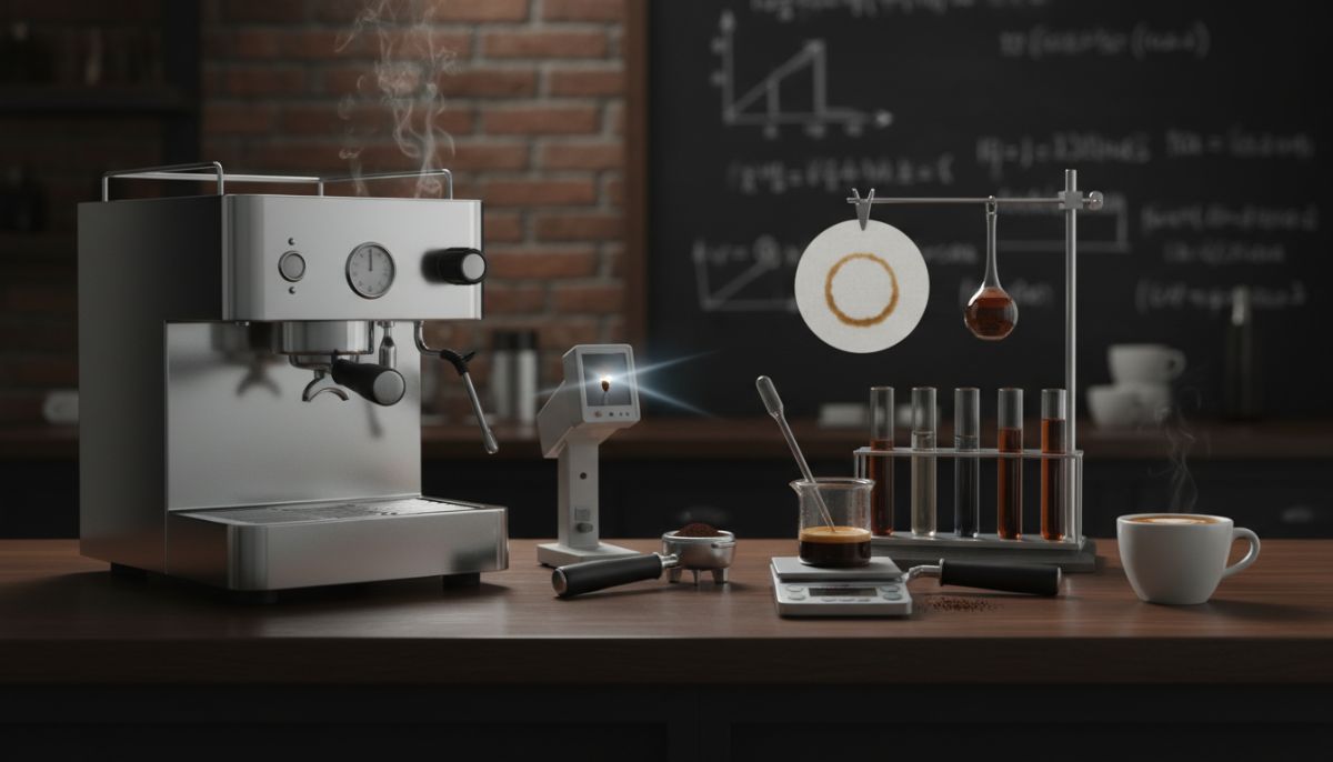 Digital coffee refractometer displaying TDS percentage next to a glass measuring cup of espresso and coffee beans.